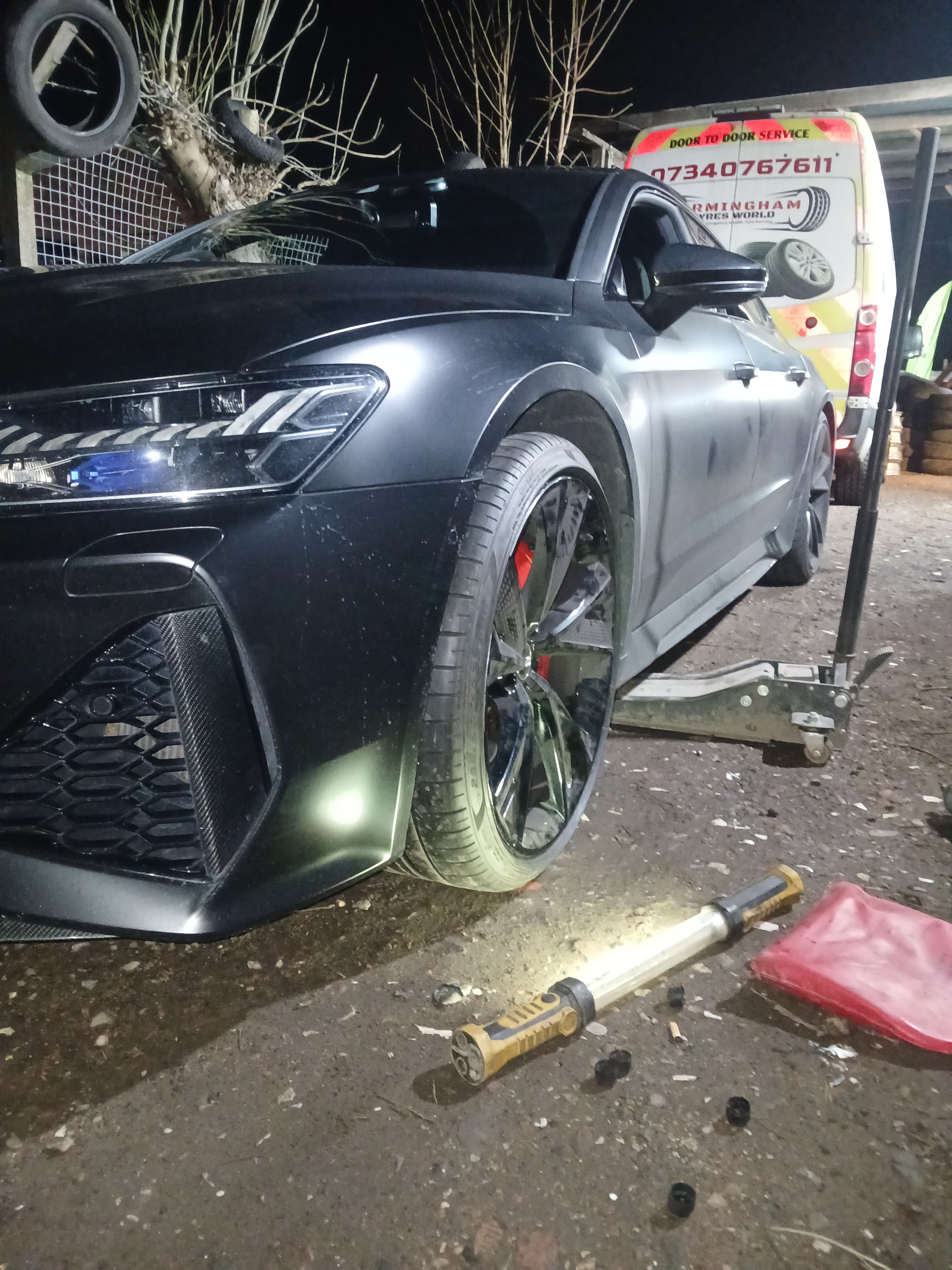 Audi RS being fitted with tyres by Birmingham Tyres World mobile van